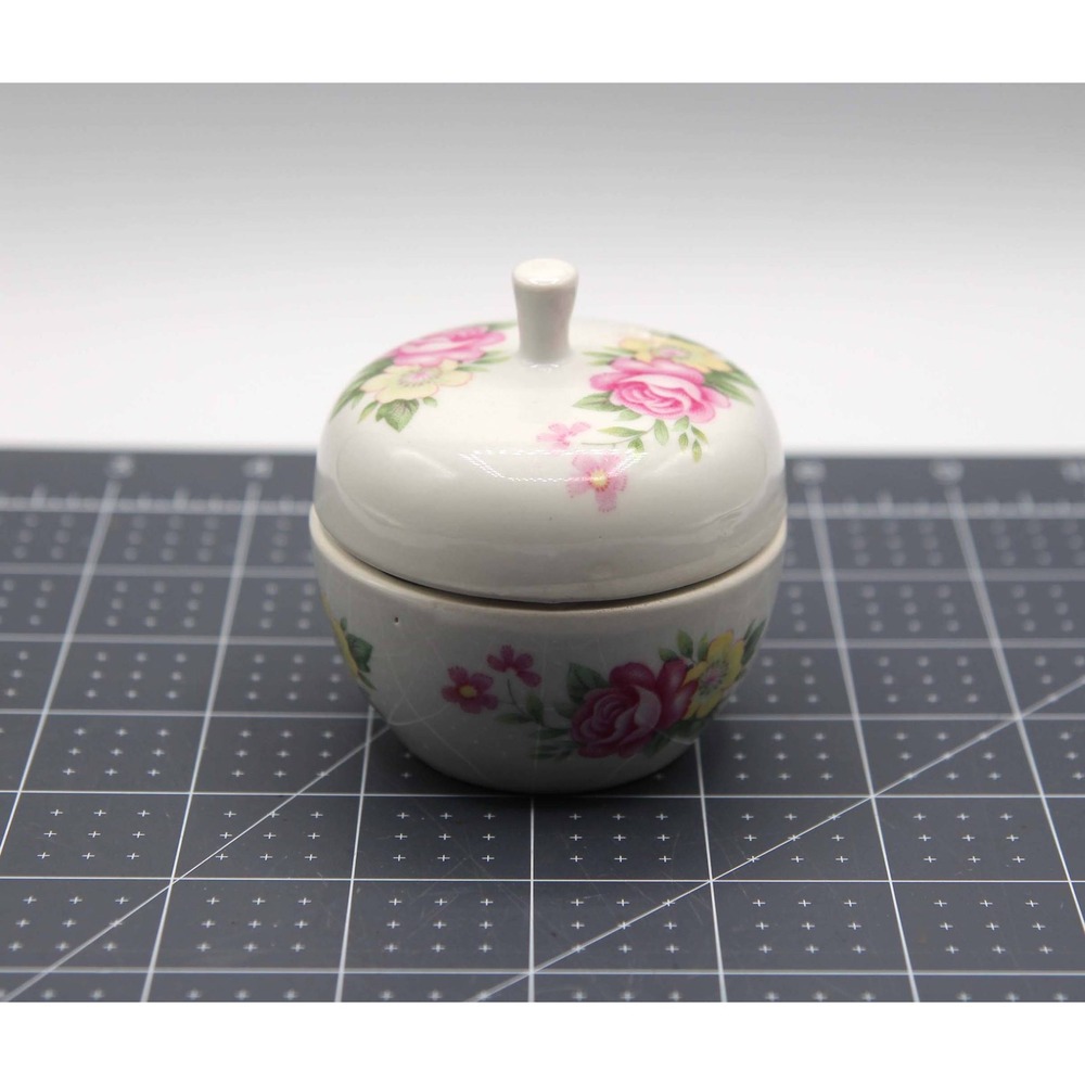 Vintage Floral Ceramic Trinket Box Pink Rose White Porcelain Covered Dish